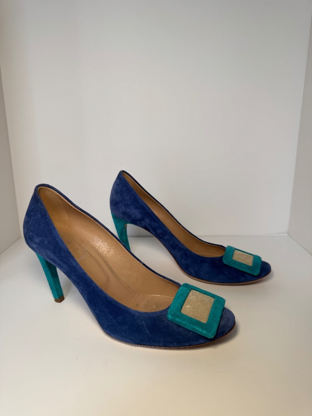 Roger Vivier Suede Pump Blue on Blue with Classic Buckle